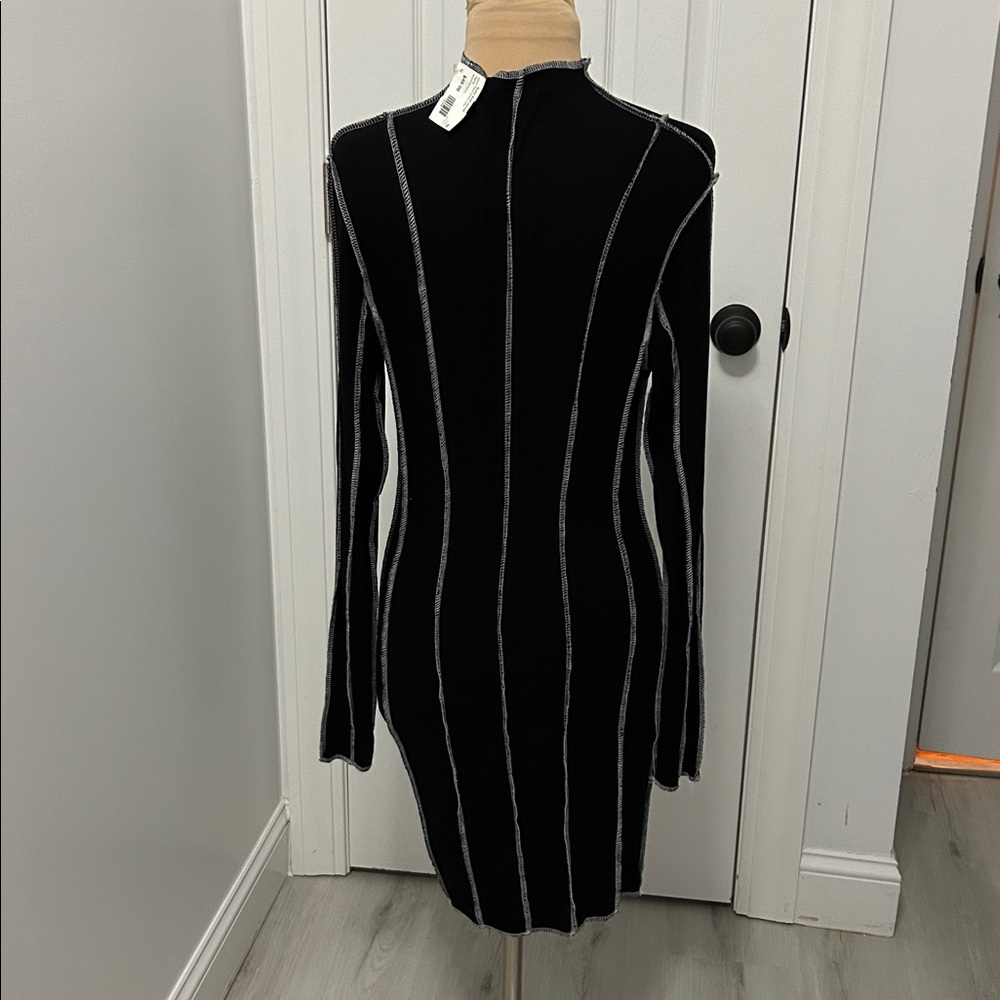 Beige Botany Black Ribbed Contrast Seam Bodycon  Dress - Picture 2 of 9